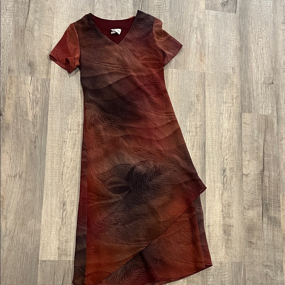 Elegant Asymmetrical Dress in Red and Brown